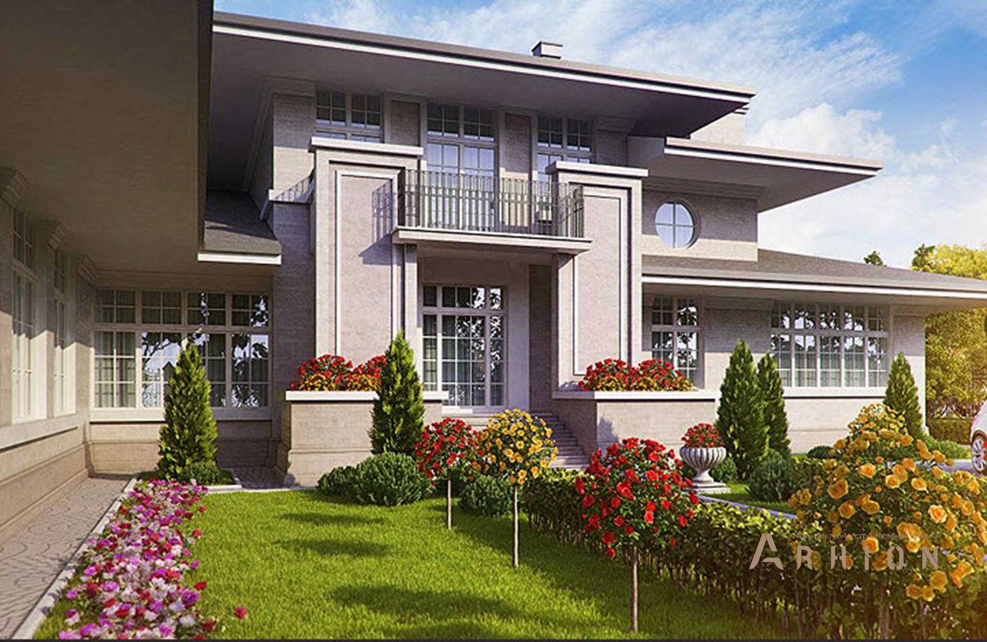 2. Проект двухэтажного дома в стиле Ллойда Райта (прерий) с многоскатной кровлей, SOV-14, площадью - 568 кв c терассой, балконом, бассейном, эркером, вторым светом